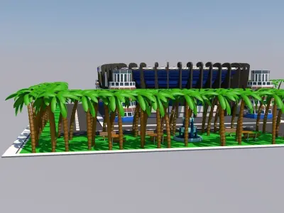low poly city football stadium with palm trees Low-poly 3D model