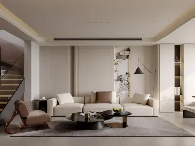 Modern luxury living room and dining room interior 3D model