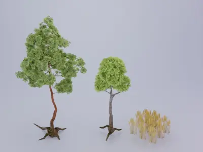 Stylized nature asset with trees bushes and grass Low-poly 3D model