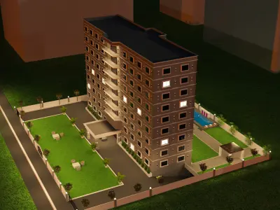 Hotel residential building at night Free 3D model