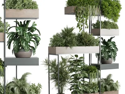 Standing metal shelf with a set of plants in wooden 3D model