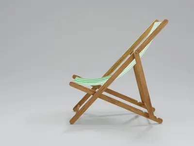 Wooden Folding Beach Chair with Green and White Striped Seat 3D model