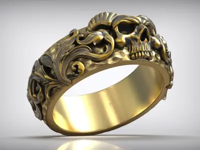 Classic Baroque Carved Hammered Skull Horn Ring 3D print model