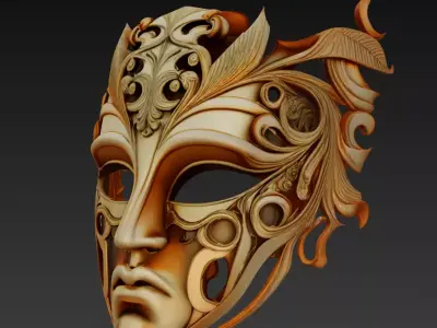 Golden Ornate Mask Baroque Fantasy Face Sculpture 3D Model Free Free 3D print model
