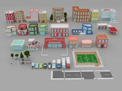 Low Poly City street with buildings and cars Low-poly 3D model