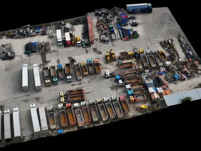 trucks vehicles warehouse storage terrain drone photogrammetry Low-poly 3D model