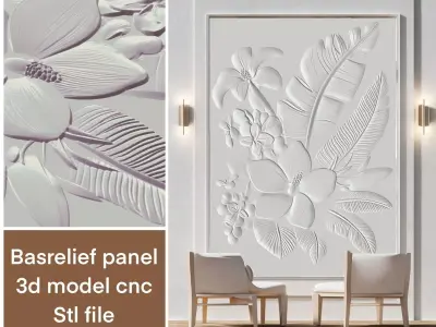 3d model of Tropical flower Basrelief panel cnc botanical art 3D print model