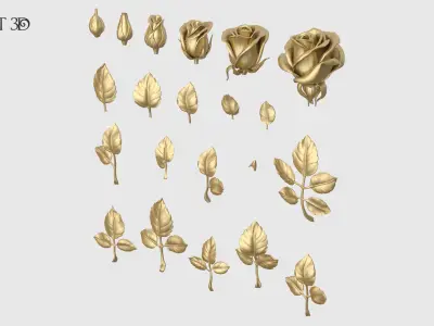 Rose Buds And Leaves Set 3D print model