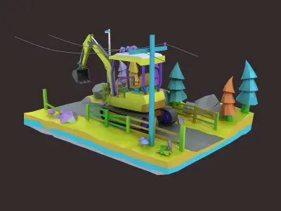 bulldozer car cartoon crane crawler forklift heavy industrial  3D model