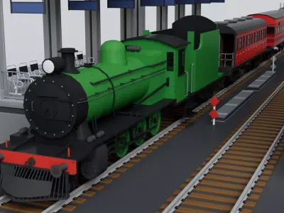 Vintage Steam Train Engine Station with Interior Low-poly 3D model