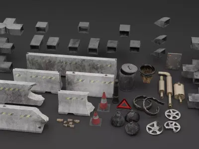 Street road debris and decorations moodular asset pack Low-poly 3D model