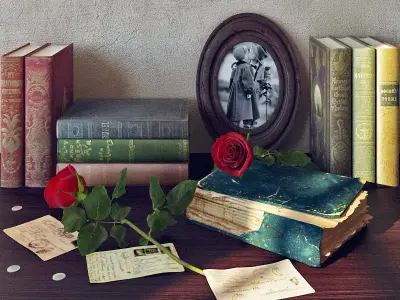 decorative set books and rose on table 3D model