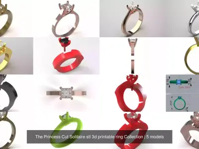The Princess Cut Solitaire stl 3d printable ring Collection 3D Model Pack