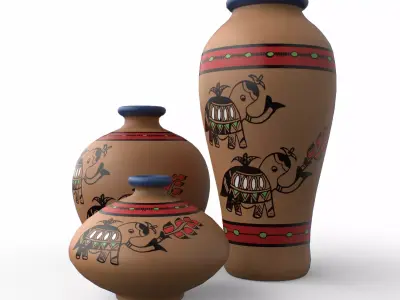 Madhubani Coral Terracotta Pots  Low-poly 3D model