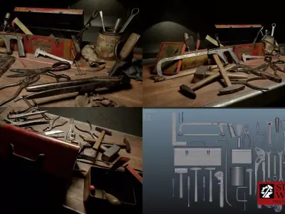 Old Toolbox - 33 tools asset pack Low-poly 3D model