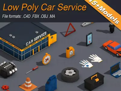 Low Poly Car Service Engine Repair Isometric Low-poly 3D model