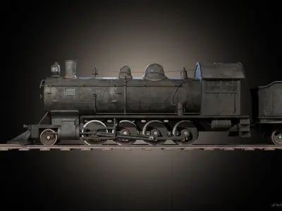 Old train locomotive and wagon 3D model