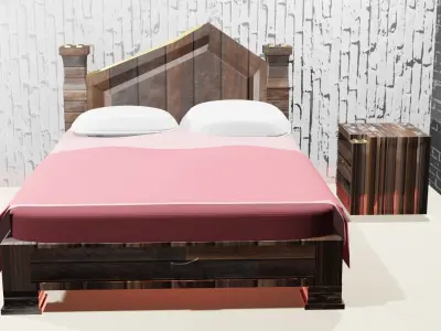 Bed model with sheets and wooden headboard Free 3D model