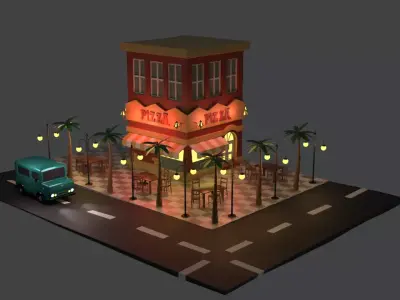 Resturant building with lights on street Low-poly 3D model