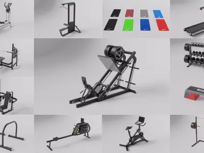 Gym 3D model set exercise bike with monitor 3D model