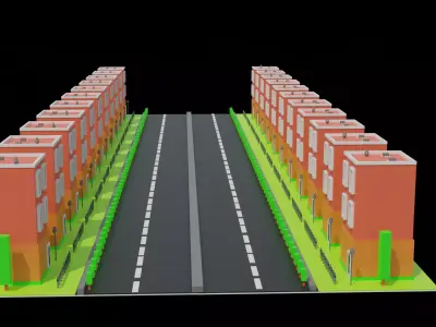 low poly building road with buildings 3D model
