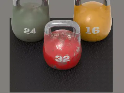 Kettlebell Set for GYM with  Rubber Floor Mat  Low-poly 3D model