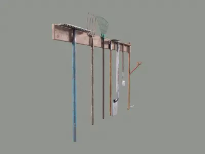 Tool Rack with Garden Tools Low-poly 3D model