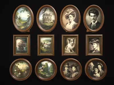 Vintage photo frames and paintings Low-poly 3D model