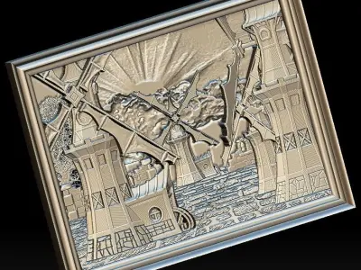 Windmill Panno STL File for CNC Relief engraving 3D model