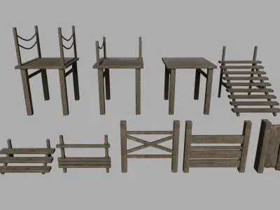 Wood Set braided rope Low-poly 3D model