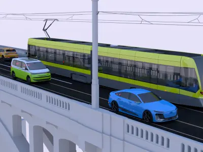 Stadler tram Audi VW and Skoda on bridge 3D model