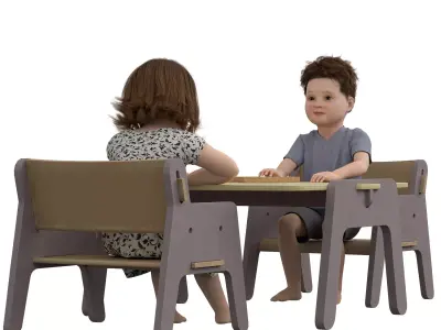 Kids Playing at Table 3D Model - Realistic Children Low-poly 3D model