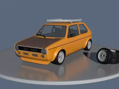 Volkswagen orange car with tire on top Low-poly 3D model