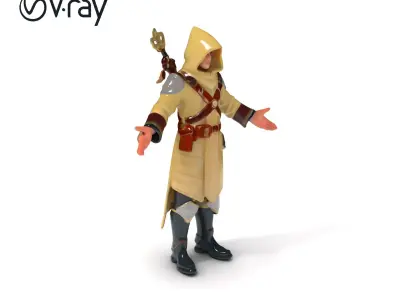 Medieval Mage D Character Model with Hooded Robe and Staff Low-poly 3D model