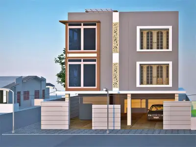 Exterior two story house with car 3D model