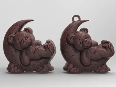 teddy sleep on moon keychain decor  3D print model