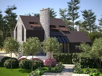 Modern Stone and Wood Luxury Villa with Pool full 3d scene Low-poly 3D model