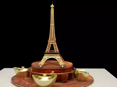 Chinese gold ingot with Eiffel tower 3D model