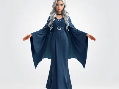 Celestial Sorceress with Silver Hair in Flowing Blue Gown Low-poly 3D model