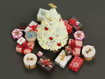 White Christmas Tree with Gifts - Decorated and Snowed  Low-poly 3D model