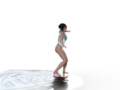 Girlsurfing woman in swimsuit on surfboard 3D model