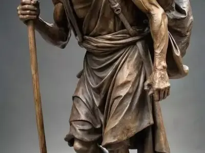 Wise Pilgrim Bronze Sculpture of an Elder with Staff and Satchel Low-poly 3D model