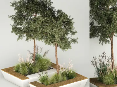 Trees for landscape design with a bench and bushes 1129 3D model