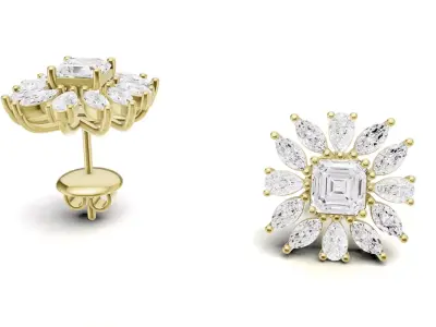 Asscher and Marquise Diamond Flower Stud Earrings 3D print model