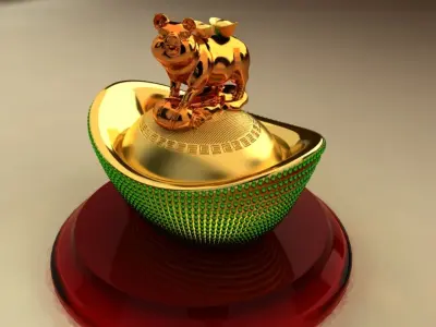 Chinese Gold Ingot with Golden Pig 3D model