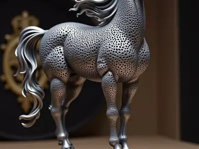 Silver Stallion Perforated Metal Horse Sculpture Dynamic Pose Low-poly 3D model