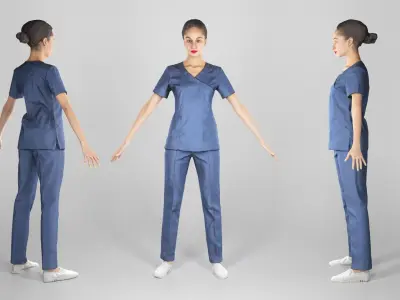 Young beautiful brunette in surgeon uniform in A-pose 189 Low-poly 3D model