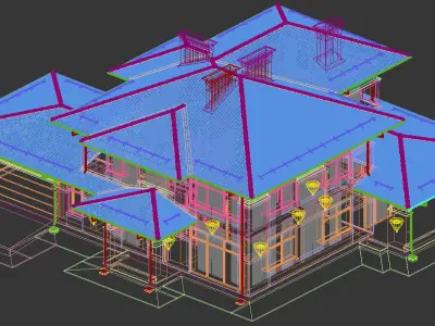 Wright-style apartment building with 2-car garage 3D model
