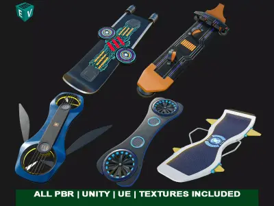 5 Sci Fi Hoverboards All PBR Unity UE Textures Included 3D Model Pack