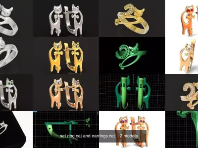 set ring cat and earrings cat  3D Model Pack
